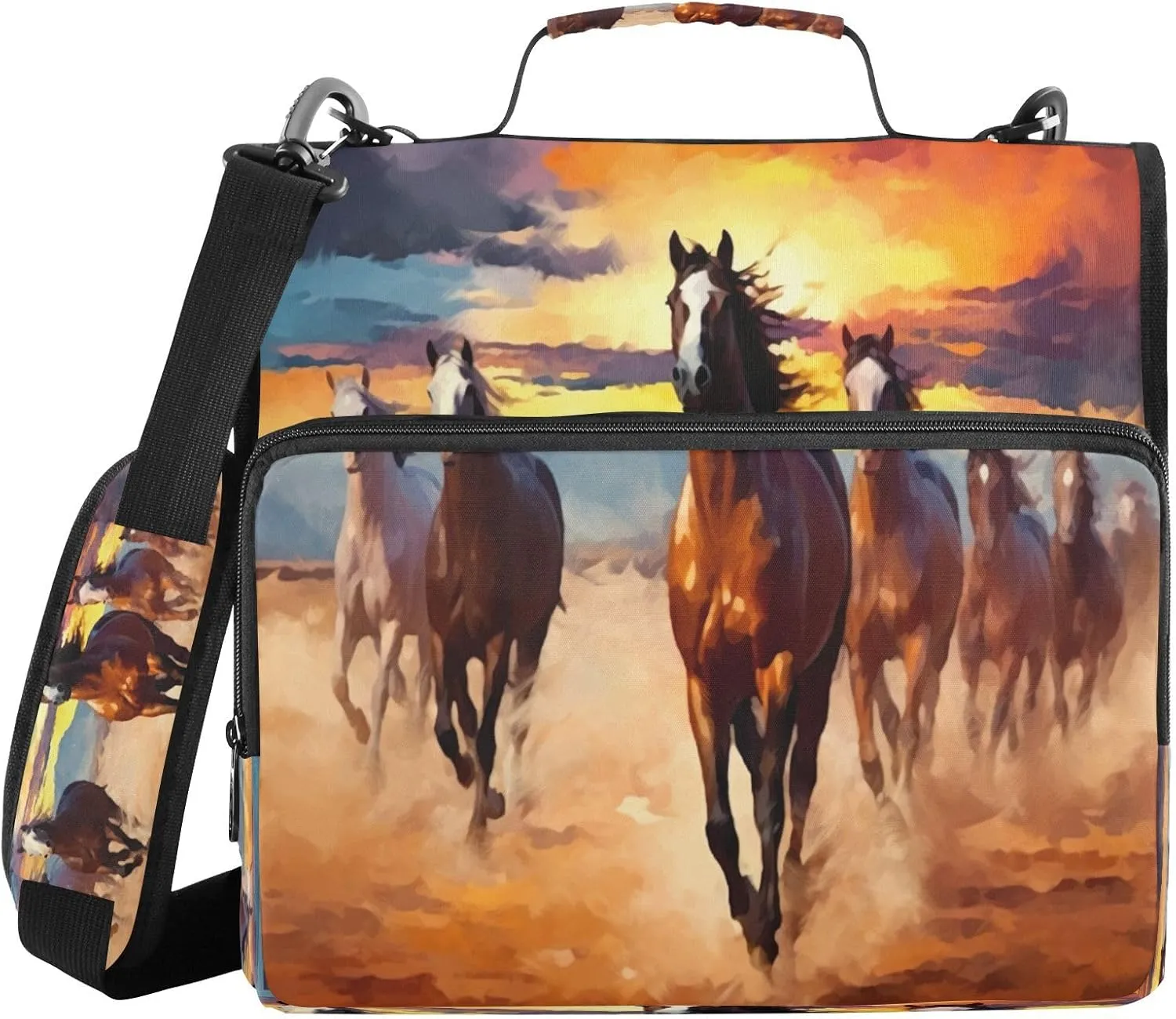 ATTX Red Orange Brown Horses Zipper Binder with Adjustable Padded Strap - 3 Ring 500 Sheet Capacity Binder Bag with Multi-Pocket Organizer, Fits 12 Inch Laptop#351