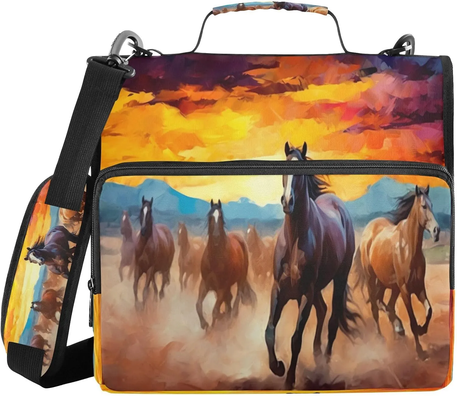 ATTX Red Orange Brown Horses Zipper Binder with Adjustable Padded Strap - 3 Ring 500 Sheet Capacity Binder Bag with Multi-Pocket Organizer, Fits 12 Inch Laptop#352