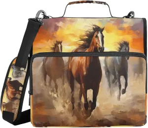 ATTX Red Orange Brown Horses Zipper Binder with Adjustable Padded Strap - 3 Ring 500 Sheet Capacity Binder Bag with Multi-Pocket Organizer, Fits 12 Inch Laptop#353