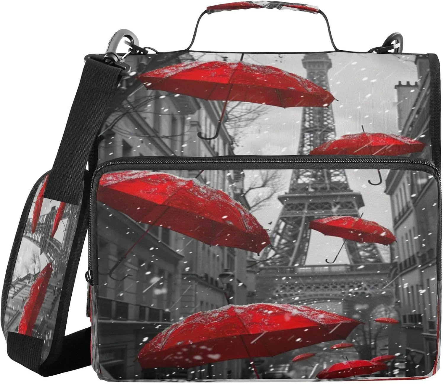 ATTX Red Umbrellas Zipper Binder with Adjustable Padded Strap - 3 Ring 500 Sheet Capacity Binder Bag with Multi-Pocket Organizer, Fits 12 Inch Laptop#643