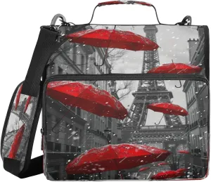 ATTX Red Umbrellas Zipper Binder with Adjustable Padded Strap - 3 Ring 500 Sheet Capacity Binder Bag with Multi-Pocket Organizer, Fits 12 Inch Laptop#643