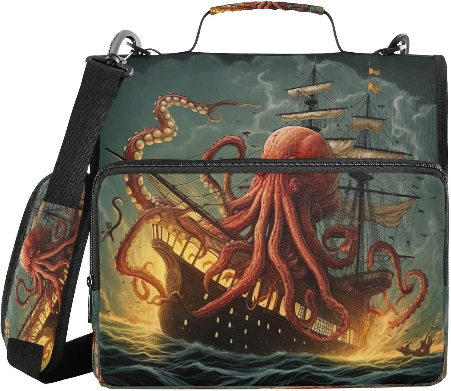 ATTX Sea Octopus Wave Zipper Binder with Adjustable Padded Strap - 3 Ring 500 Sheet Capacity Binder Bag with Multi-Pocket Organizer, Fits 12 Inch Laptop#419