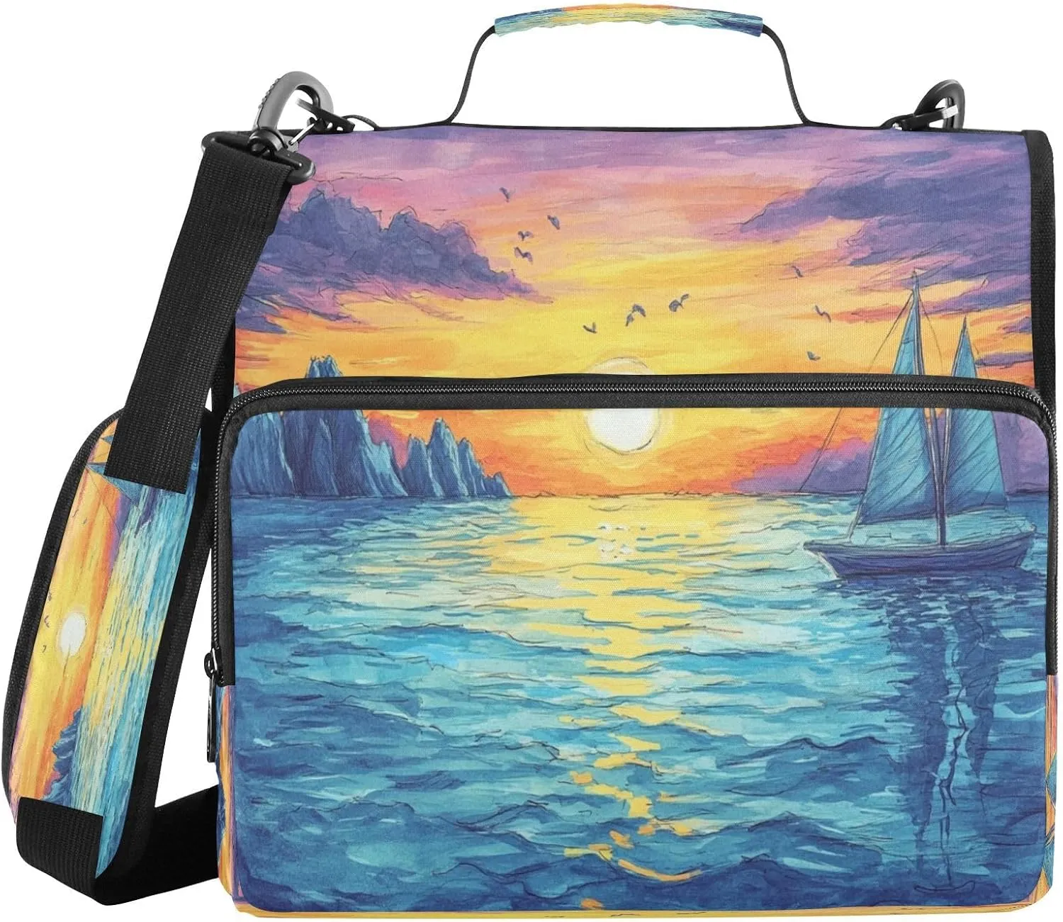 ATTX Sea Sunset Zipper Binder with Adjustable Padded Strap - 3 Ring 500 Sheet Capacity Binder Bag with Multi-Pocket Organizer, Fits 12 Inch Laptop#90