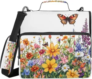 ATTX Spring Wildflowers and Butterflies Zipper Binder with Adjustable Padded Strap - 3 Ring 500 Sheet Capacity Binder Bag with Multi-Pocket Organizer, Fits 12 Inch Laptop#126