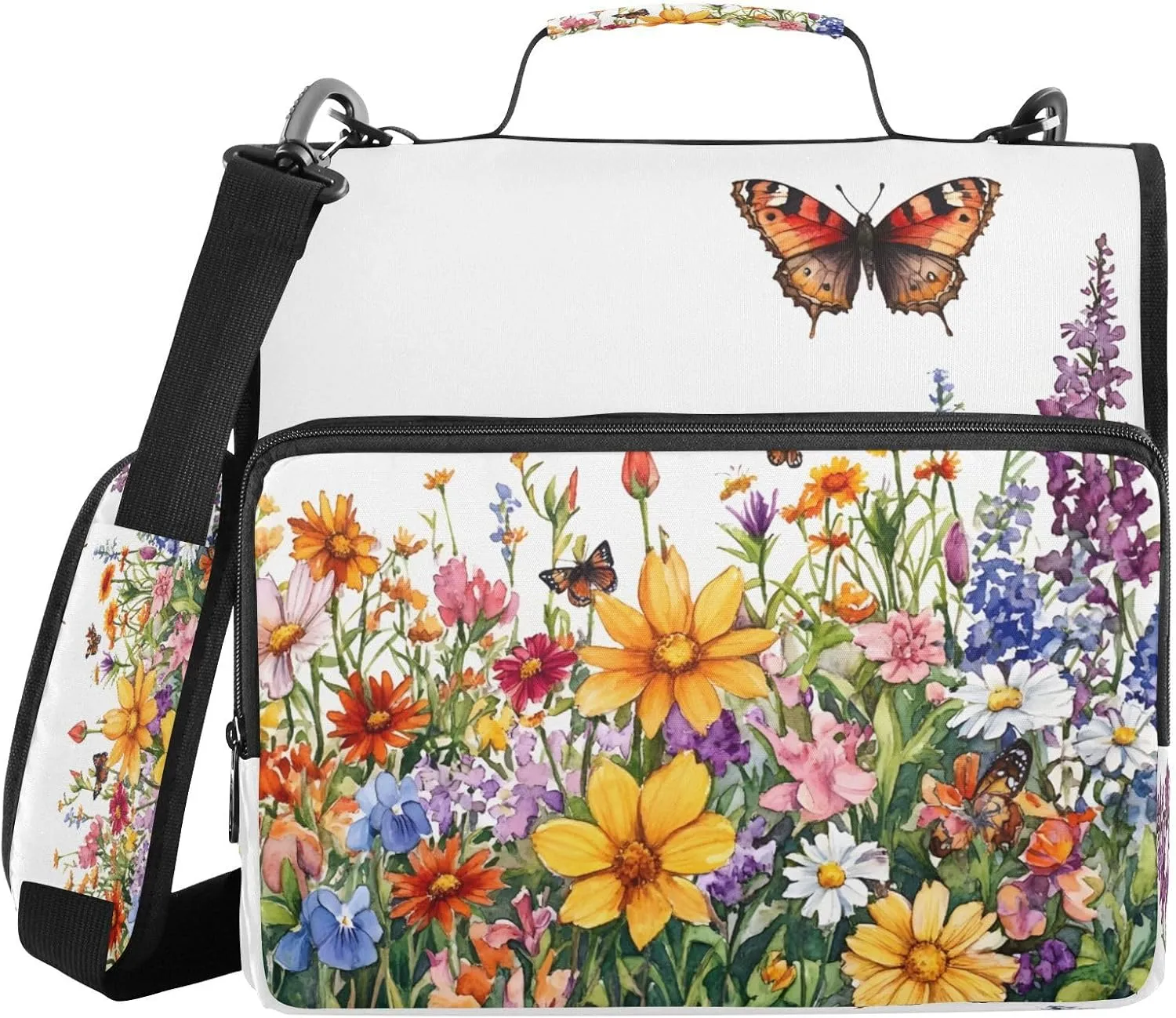 ATTX Spring Wildflowers and Butterflies Zipper Binder with Adjustable Padded Strap - 3 Ring 500 Sheet Capacity Binder Bag with Multi-Pocket Organizer, Fits 12 Inch Laptop#126