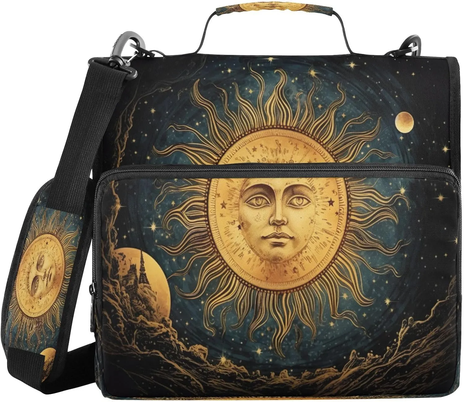 ATTX Sun and Moon Zipper Binder with Adjustable Padded Strap - 3 Ring 500 Sheet Capacity Binder Bag with Multi-Pocket Organizer, Fits 12 Inch Laptop#425