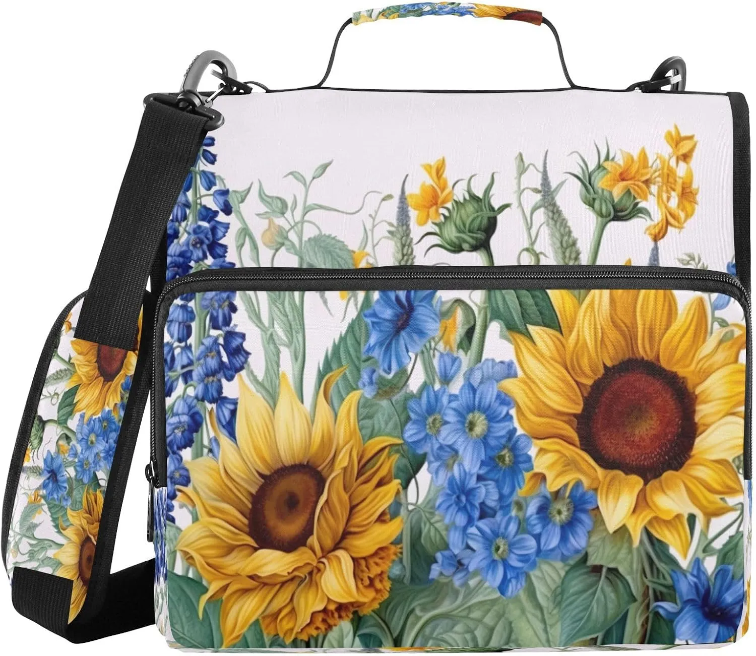 ATTX Sunflowers Bluebells Zipper Binder with Adjustable Padded Strap - 3 Ring 500 Sheet Capacity Binder Bag with Multi-Pocket Organizer, Fits 12 Inch Laptop#464