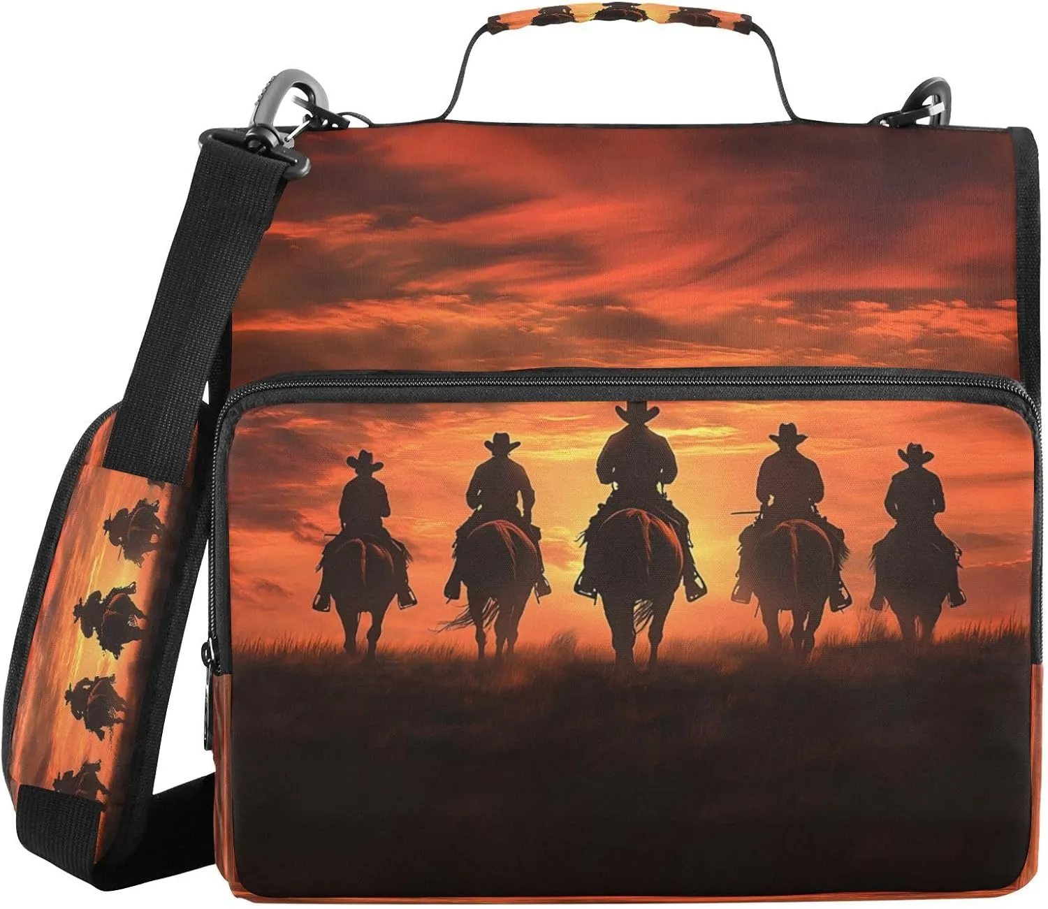 ATTX Sunset Cowboys Zipper Binder with Adjustable Padded Strap - 3 Ring 500 Sheet Capacity Binder Bag with Multi-Pocket Organizer, Fits 12 Inch Laptop#65