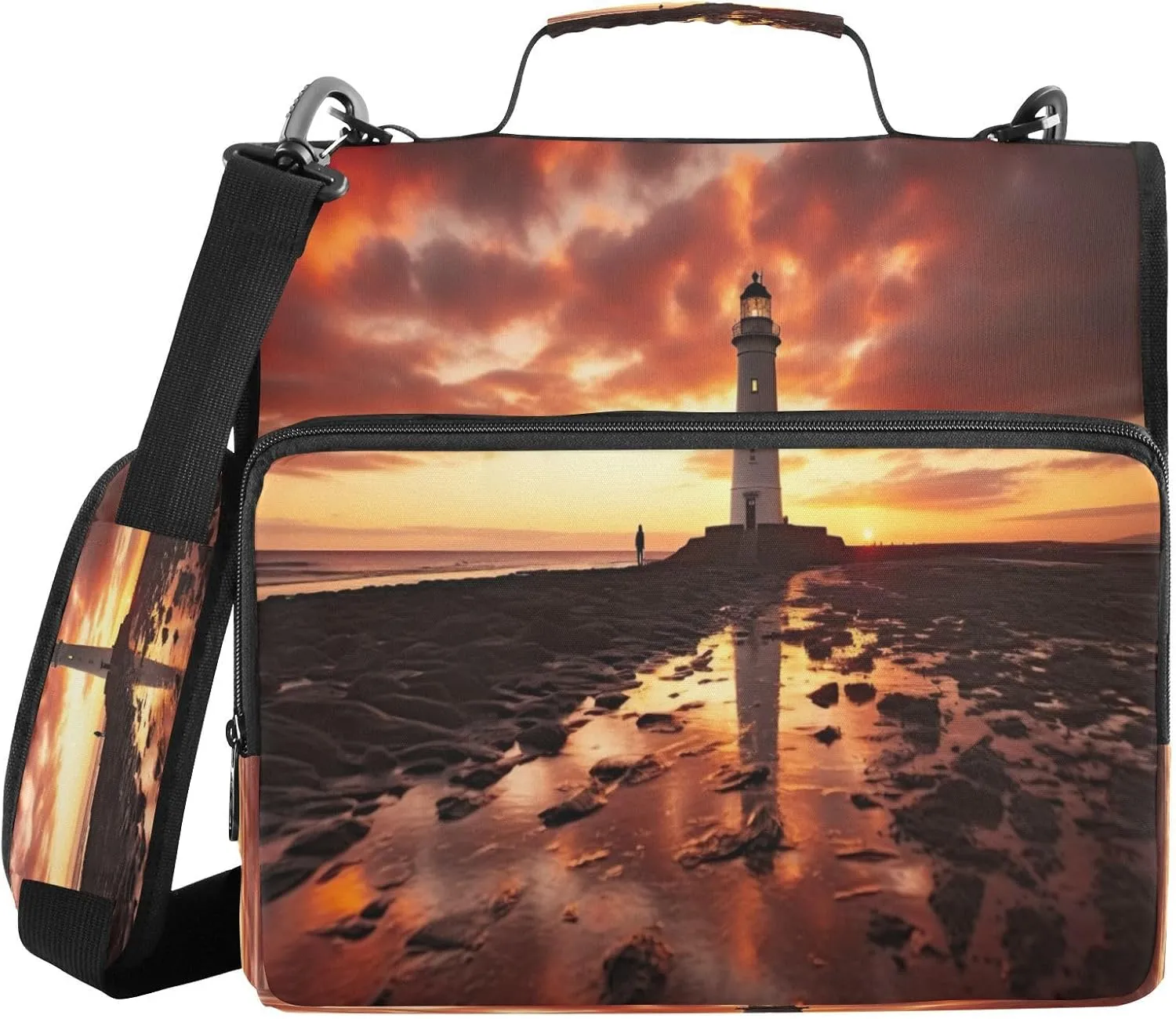 ATTX Sunset Lighthouse Zipper Binder with Adjustable Padded Strap - 3 Ring 500 Sheet Capacity Binder Bag with Multi-Pocket Organizer, Fits 12 Inch Laptop#369