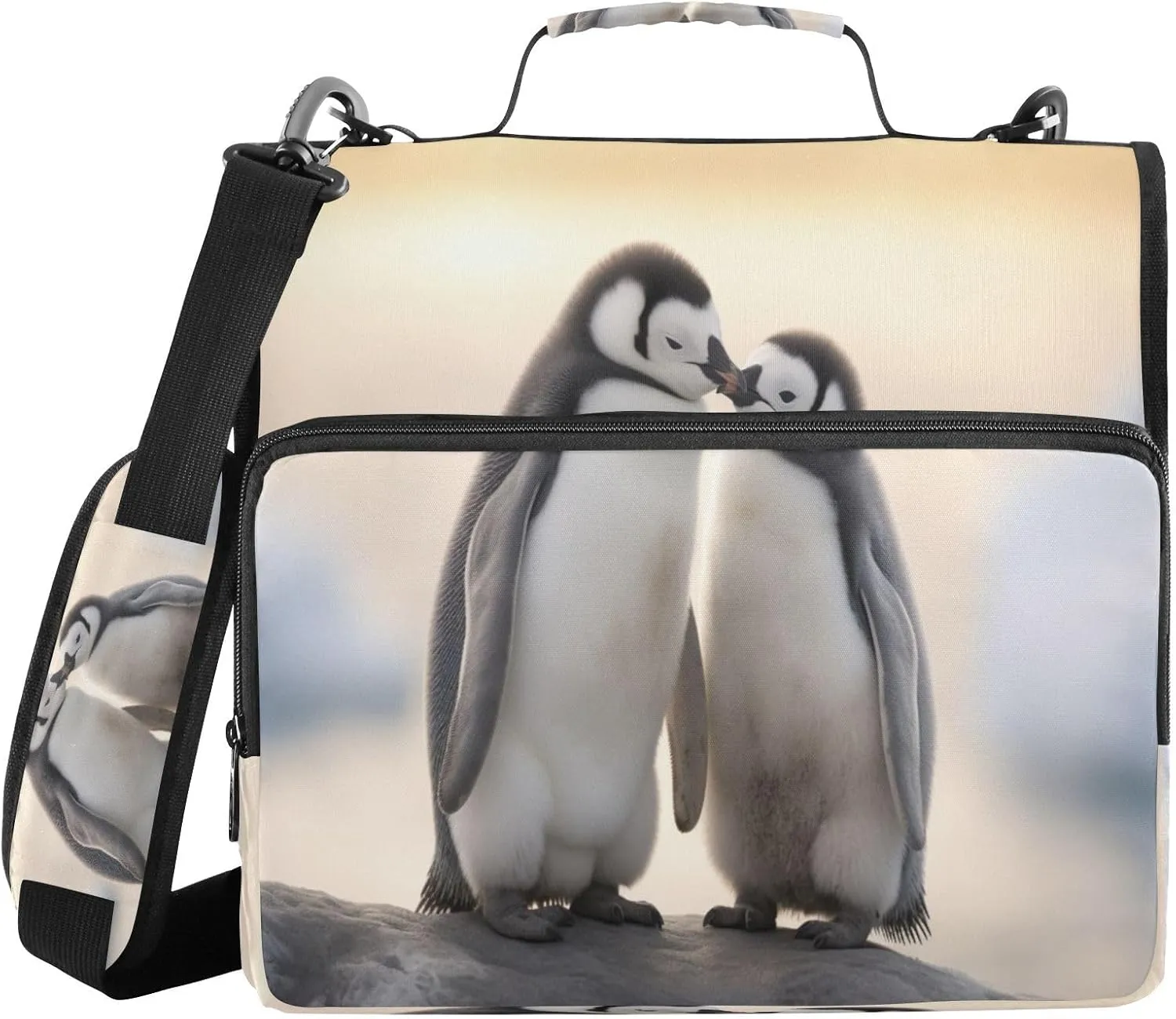 ATTX Two Penguins Zipper Binder with Adjustable Padded Strap - 3 Ring 500 Sheet Capacity Binder Bag with Multi-Pocket Organizer, Fits 12 Inch Laptop#374