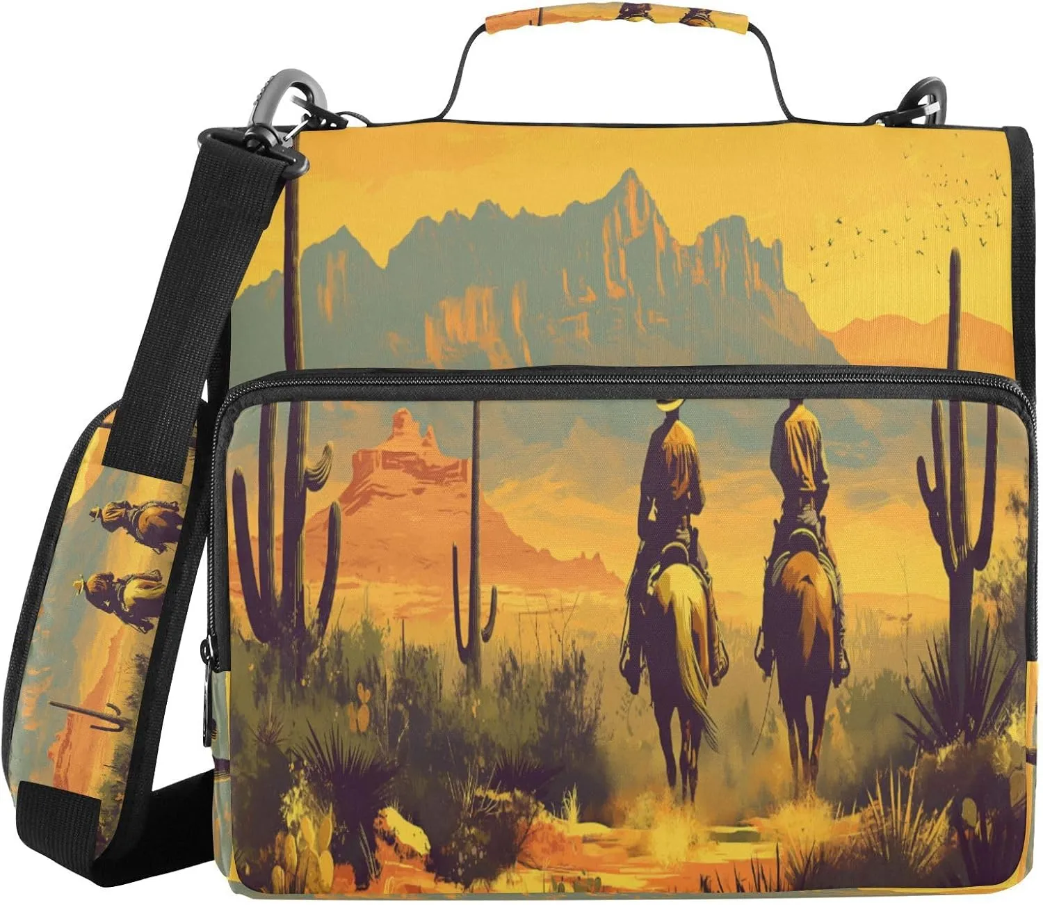 ATTX Western Desert Cowboy Zipper Binder with Adjustable Padded Strap - 3 Ring 500 Sheet Capacity Binder Bag with Multi-Pocket Organizer, Fits 12 Inch Laptop#203