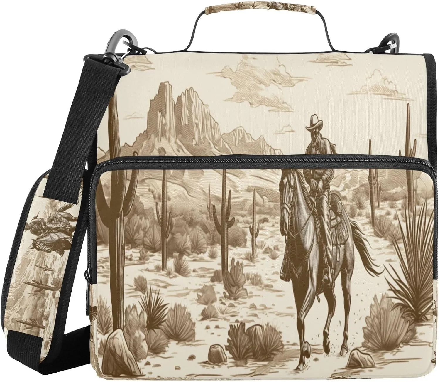 ATTX Western Desert Cowboy Zipper Binder with Adjustable Padded Strap - 3 Ring 500 Sheet Capacity Binder Bag with Multi-Pocket Organizer, Fits 12 Inch Laptop#217