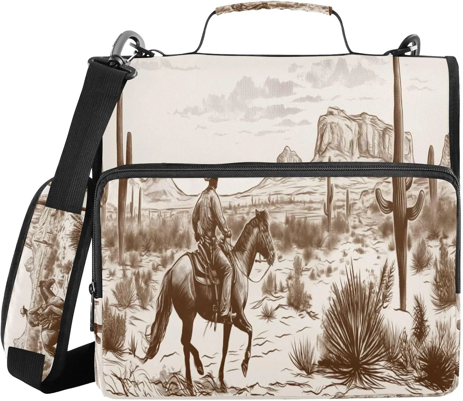 ATTX Western Desert Cowboy Zipper Binder with Adjustable Padded Strap - 3 Ring 500 Sheet Capacity Binder Bag with Multi-Pocket Organizer, Fits 12 Inch Laptop#222