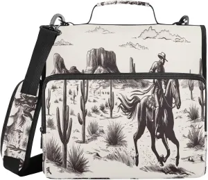 ATTX Western Desert Cowboy Zipper Binder with Adjustable Padded Strap - 3 Ring 500 Sheet Capacity Binder Bag with Multi-Pocket Organizer, Fits 12 Inch Laptop#224
