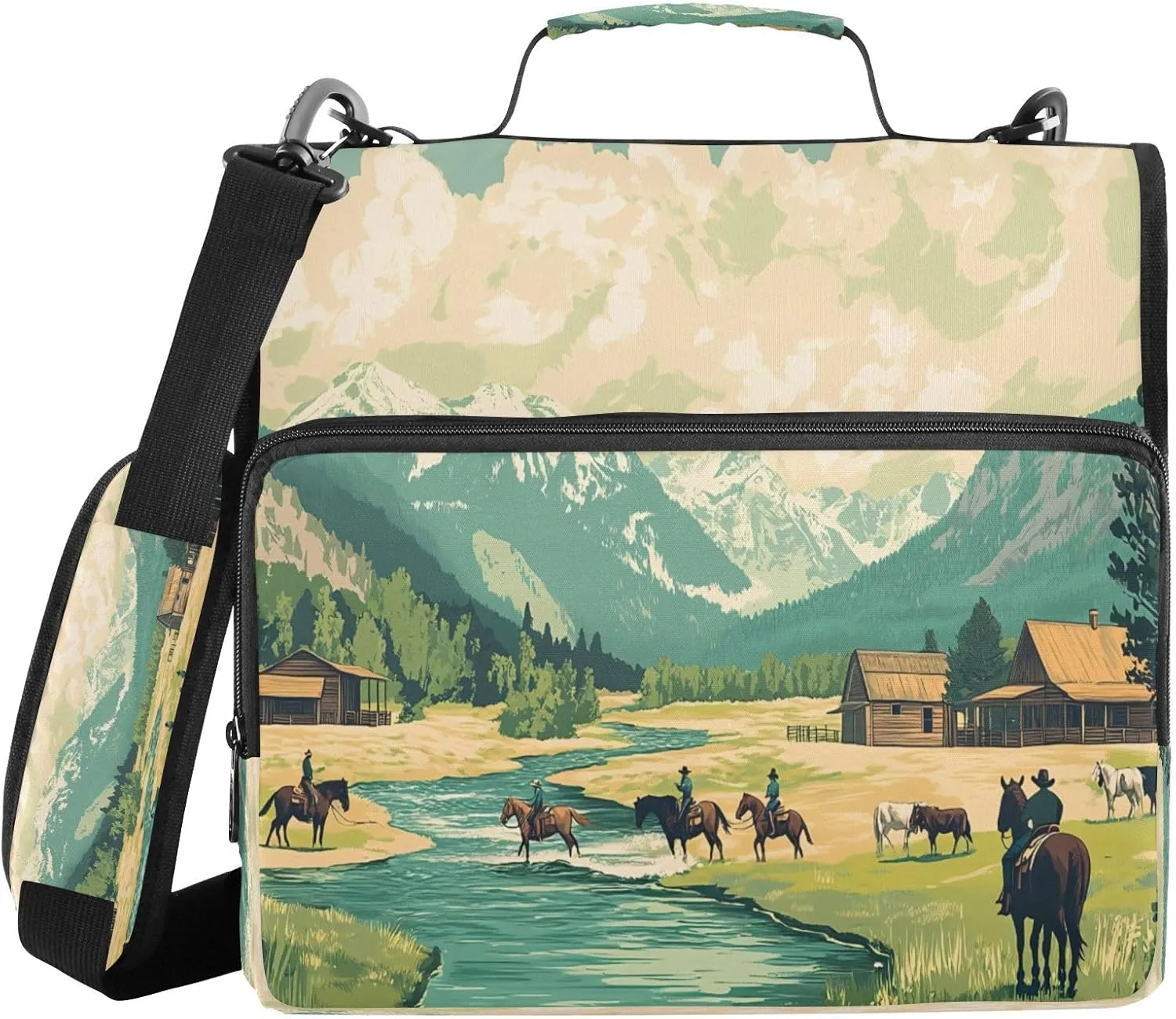 ATTX Western Style Cowboy Zipper Binder with Adjustable Padded Strap - 3 Ring 500 Sheet Capacity Binder Bag with Multi-Pocket Organizer, Fits 12 Inch Laptop#93