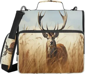 ATTX Wheat Field Deer Zipper Binder with Adjustable Padded Strap - 3 Ring 500 Sheet Capacity Binder Bag with Multi-Pocket Organizer, Fits 12 Inch Laptop#380