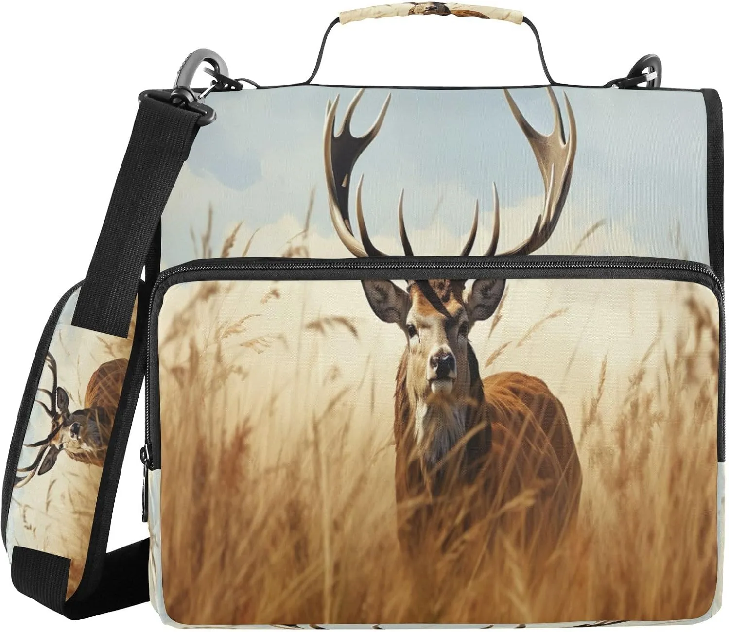 ATTX Wheat Field Deer Zipper Binder with Adjustable Padded Strap - 3 Ring 500 Sheet Capacity Binder Bag with Multi-Pocket Organizer, Fits 12 Inch Laptop#380