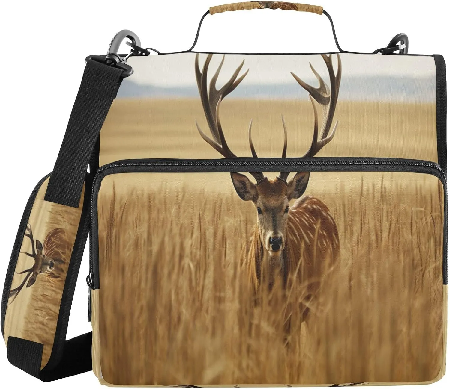 ATTX Wheat Field Deer Zipper Binder with Adjustable Padded Strap - 3 Ring 500 Sheet Capacity Binder Bag with Multi-Pocket Organizer, Fits 12 Inch Laptop#383