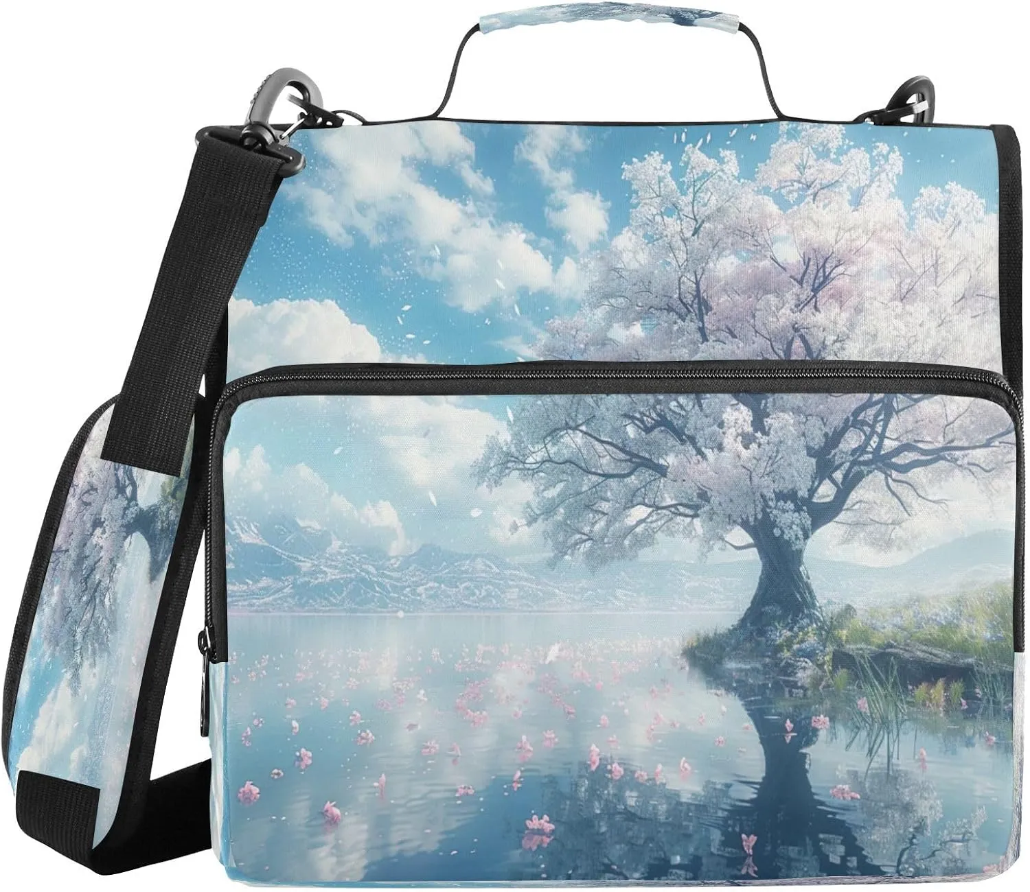 ATTX White Cherry Tree Zipper Binder with Adjustable Padded Strap - 3 Ring 500 Sheet Capacity Binder Bag with Multi-Pocket Organizer, Fits 12 Inch Laptop#659