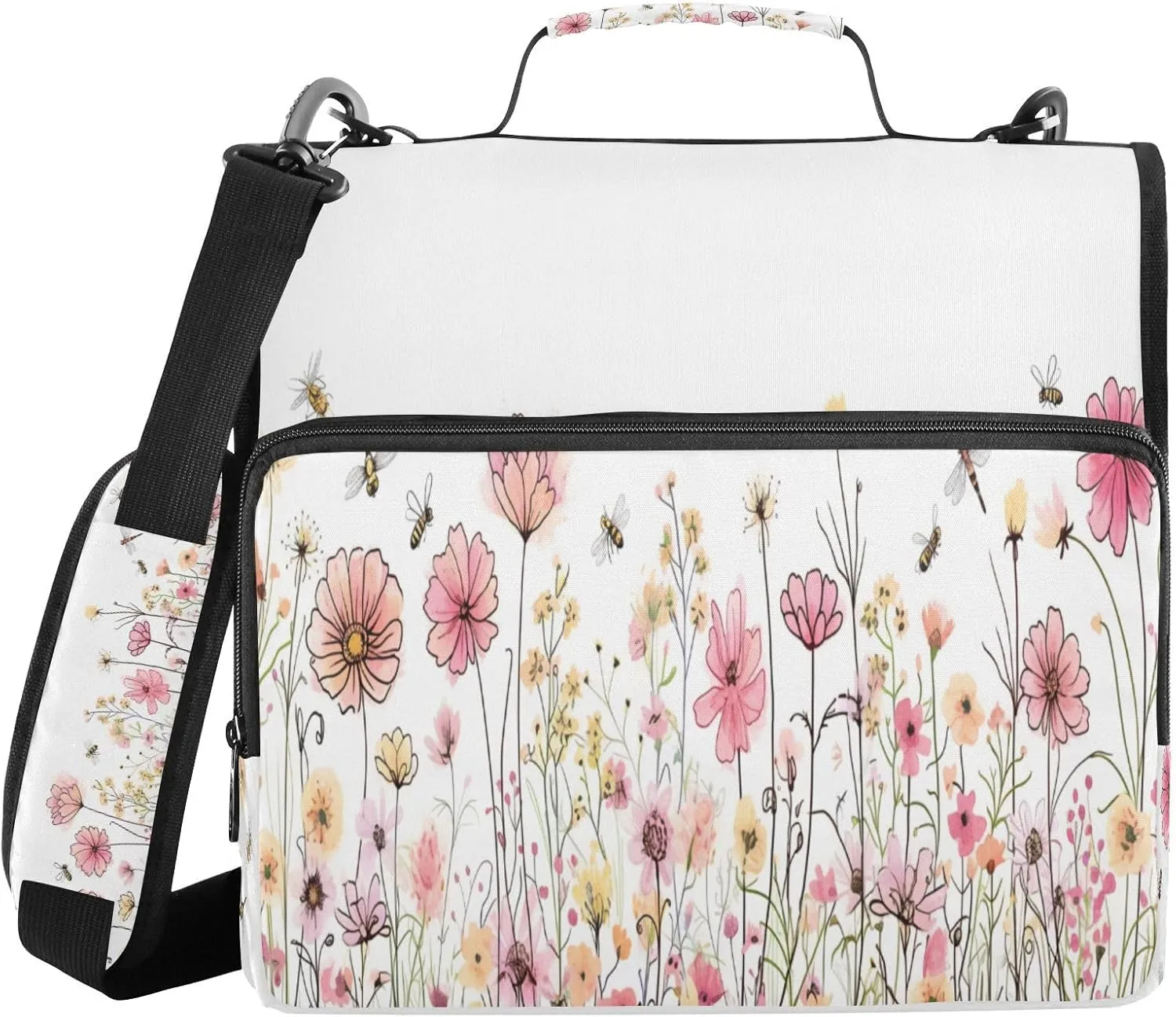 ATTX Wildflower Meadow Zipper Binder with Adjustable Padded Strap - 3 Ring 500 Sheet Capacity Binder Bag with Multi-Pocket Organizer, Fits 12 Inch Laptop#225