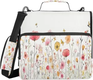 ATTX Wildflower Meadow Zipper Binder with Adjustable Padded Strap - 3 Ring 500 Sheet Capacity Binder Bag with Multi-Pocket Organizer, Fits 12 Inch Laptop#227