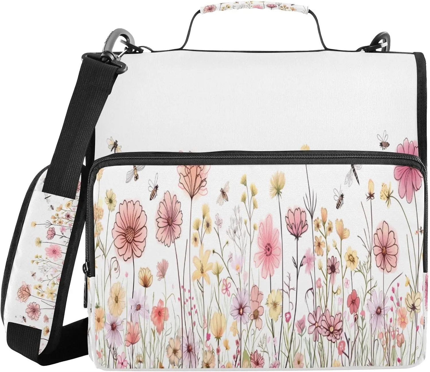 ATTX Wildflower Meadow Zipper Binder with Adjustable Padded Strap - 3 Ring 500 Sheet Capacity Binder Bag with Multi-Pocket Organizer, Fits 12 Inch Laptop#228