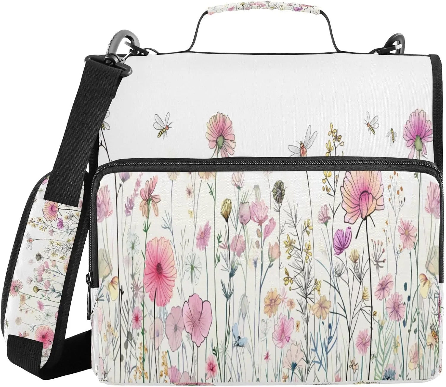 ATTX Wildflower Meadow Zipper Binder with Adjustable Padded Strap - 3 Ring 500 Sheet Capacity Binder Bag with Multi-Pocket Organizer, Fits 12 Inch Laptop#229