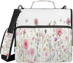 ATTX Wildflower Meadow Zipper Binder with Adjustable Padded Strap - 3 Ring 500 Sheet Capacity Binder Bag with Multi-Pocket Organizer, Fits 12 Inch Laptop#229