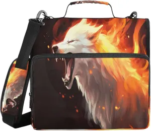 ATTX Wolfs with Fire Zipper Binder with Adjustable Padded Strap - 3 Ring 500 Sheet Capacity Binder Bag with Multi-Pocket Organizer, Fits 12 Inch Laptop#394