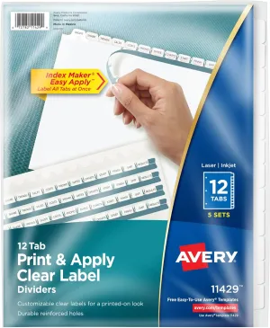 Avery 12-Tab Binder Dividers, Easy Print & Apply Clear Label Strip, Index Maker, White Tabs, 5 Sets (11429)