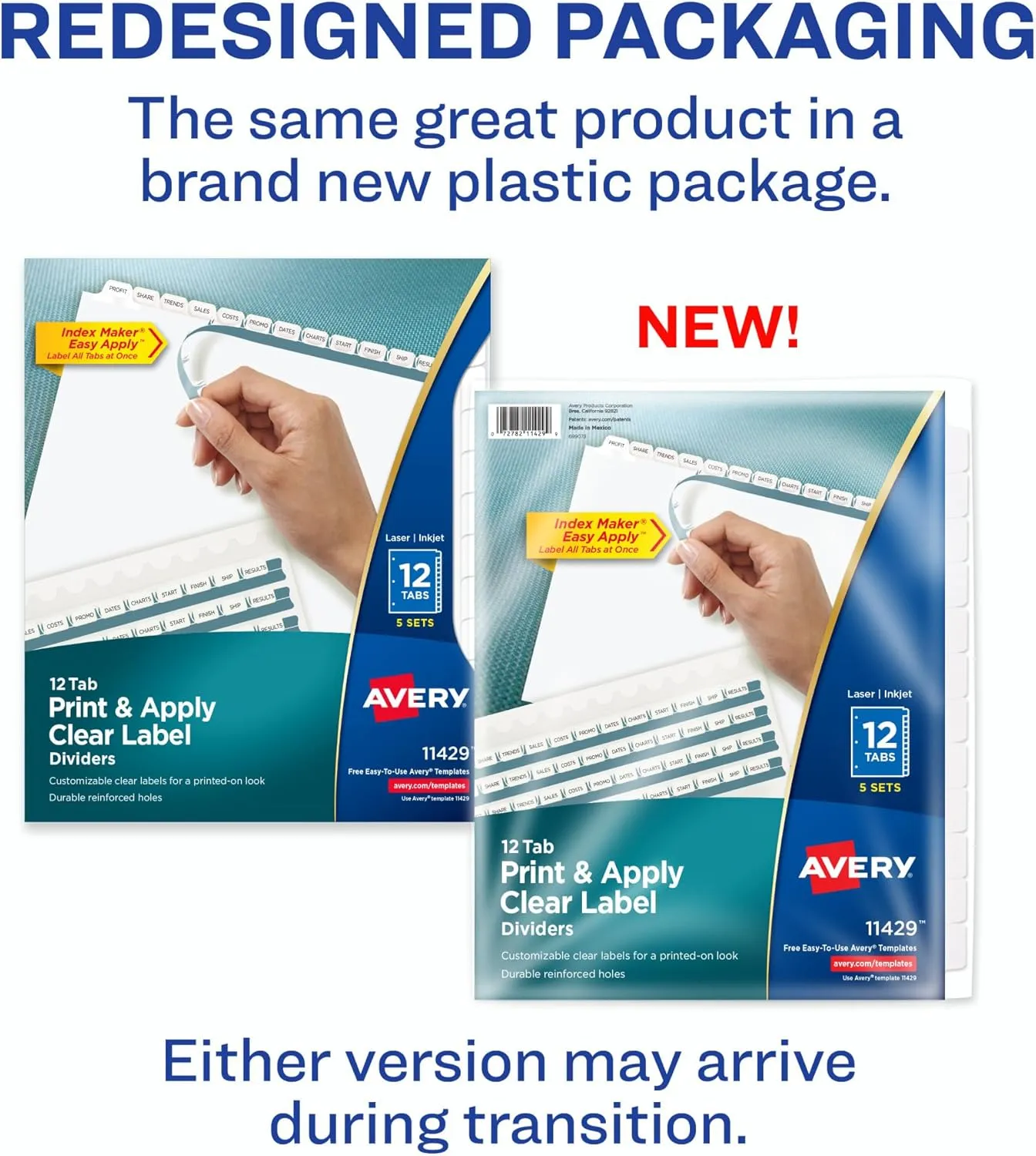 Avery 12-Tab Binder Dividers, Easy Print & Apply Clear Label Strip, Index Maker, White Tabs, 5 Sets (11429)