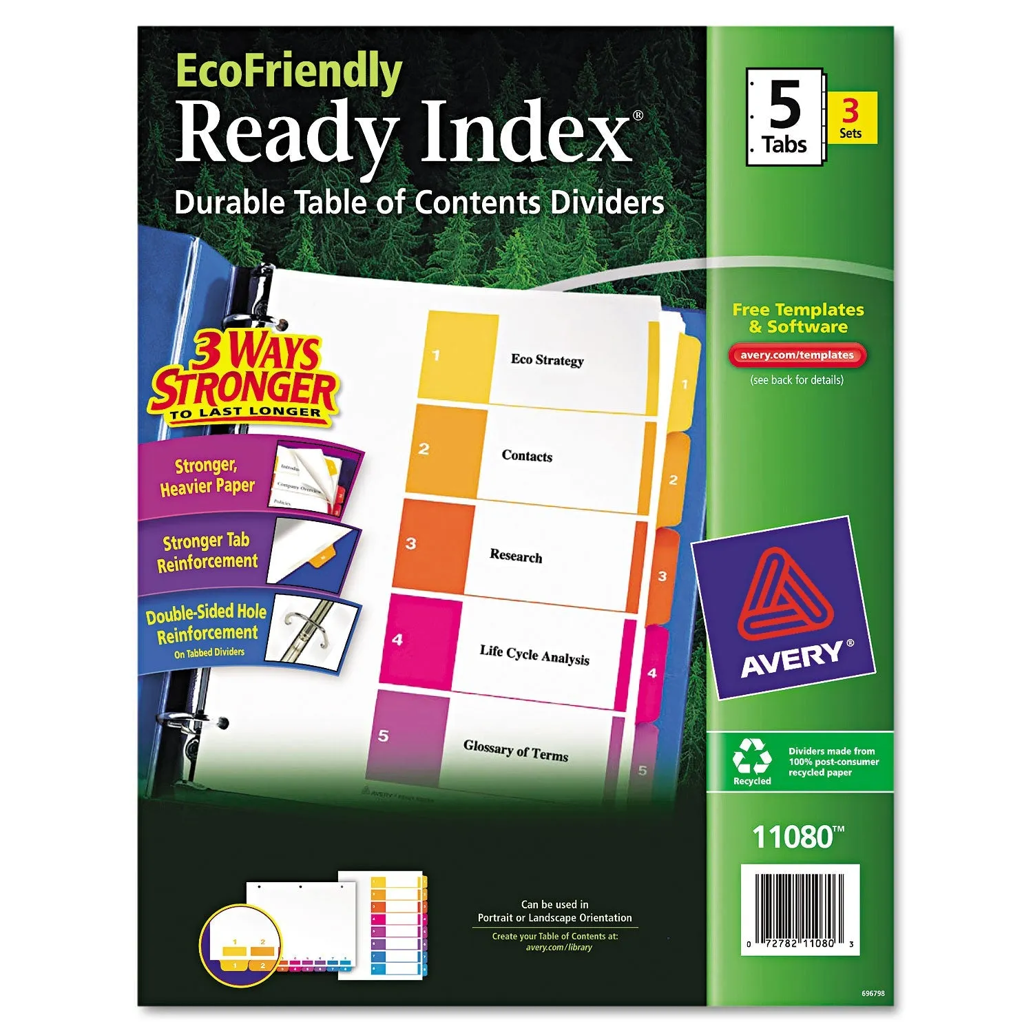 Avery® Customizable Table Of Contents Ready Index Dividers With Multicolor Tabs, 5-Tab, 1 To 5, 11 X 8.5, White, 3 Sets