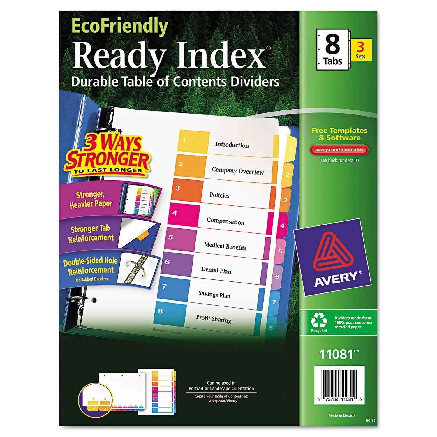 Avery® Customizable Table Of Contents Ready Index Dividers With Multicolor Tabs, 8-Tab, 1 To 8, 11 X 8.5, White, 3 Sets