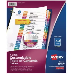 Avery® customizable table of contents ready index multicolor dividers, 26-tab, a to z, 11 x 8.5, white, 6 sets