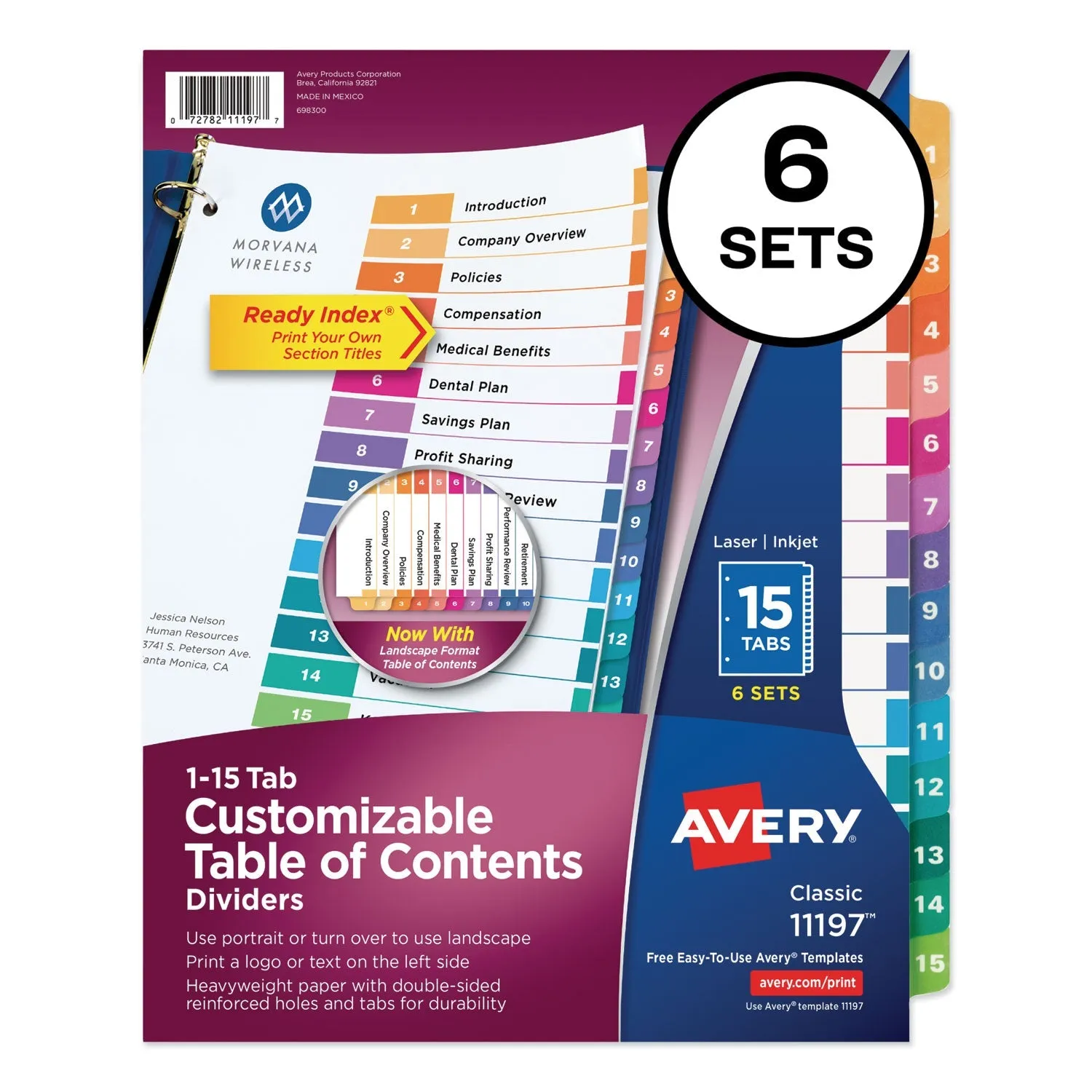 Avery® Customizable TOC Ready Index Multicolor Tab Dividers, 15-Tab, 1 to 15, 11 x 8.5, White, Traditional Color Tabs, 6 Sets