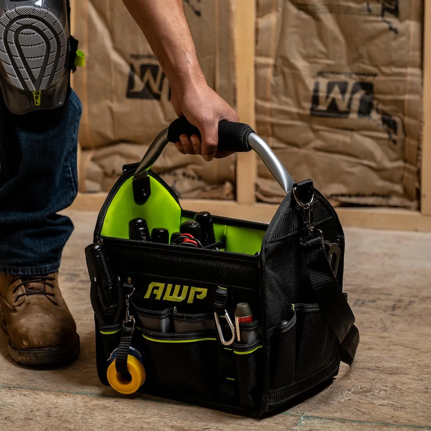 AWP 12" Pro Tool Tote with Rotating Handle Bundle with Klein Tools 7-in-1 Impact Flip Socket Set