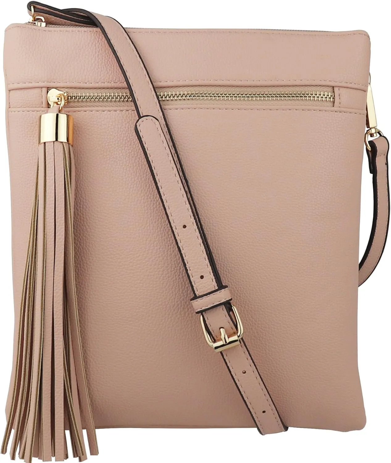 B BRENTANO Vegan Double-Zip Pocket Crossbody Handbag Purse wih Big Tassel Accent