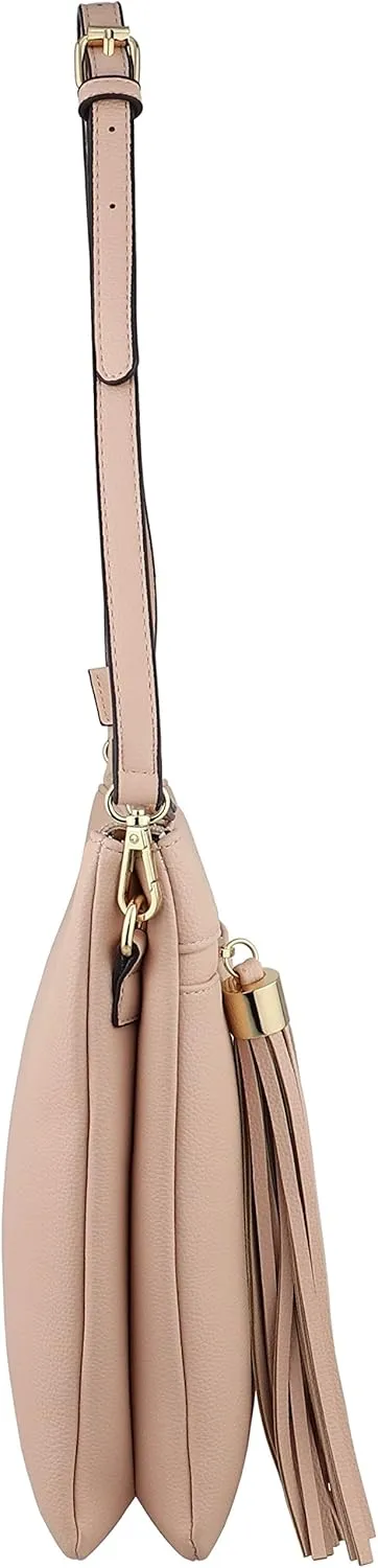B BRENTANO Vegan Double-Zip Pocket Crossbody Handbag Purse wih Big Tassel Accent