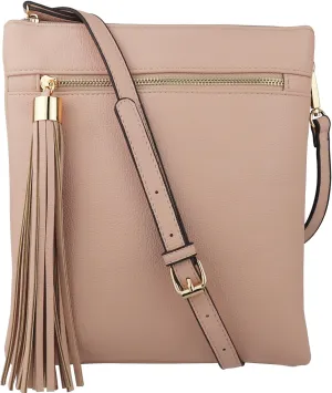 B BRENTANO Vegan Double-Zip Pocket Crossbody Handbag Purse wih Big Tassel Accent