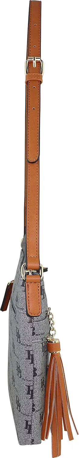 B BRENTANO Vegan Multi-Zipper Crossbody Handbag Purse with Tassel Accents