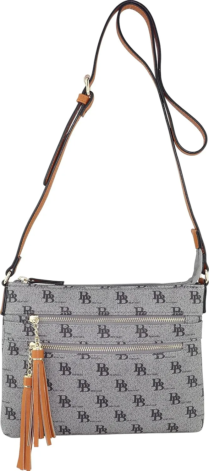 B BRENTANO Vegan Multi-Zipper Crossbody Handbag Purse with Tassel Accents