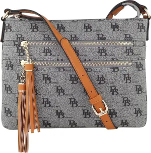 B BRENTANO Vegan Multi-Zipper Crossbody Handbag Purse with Tassel Accents