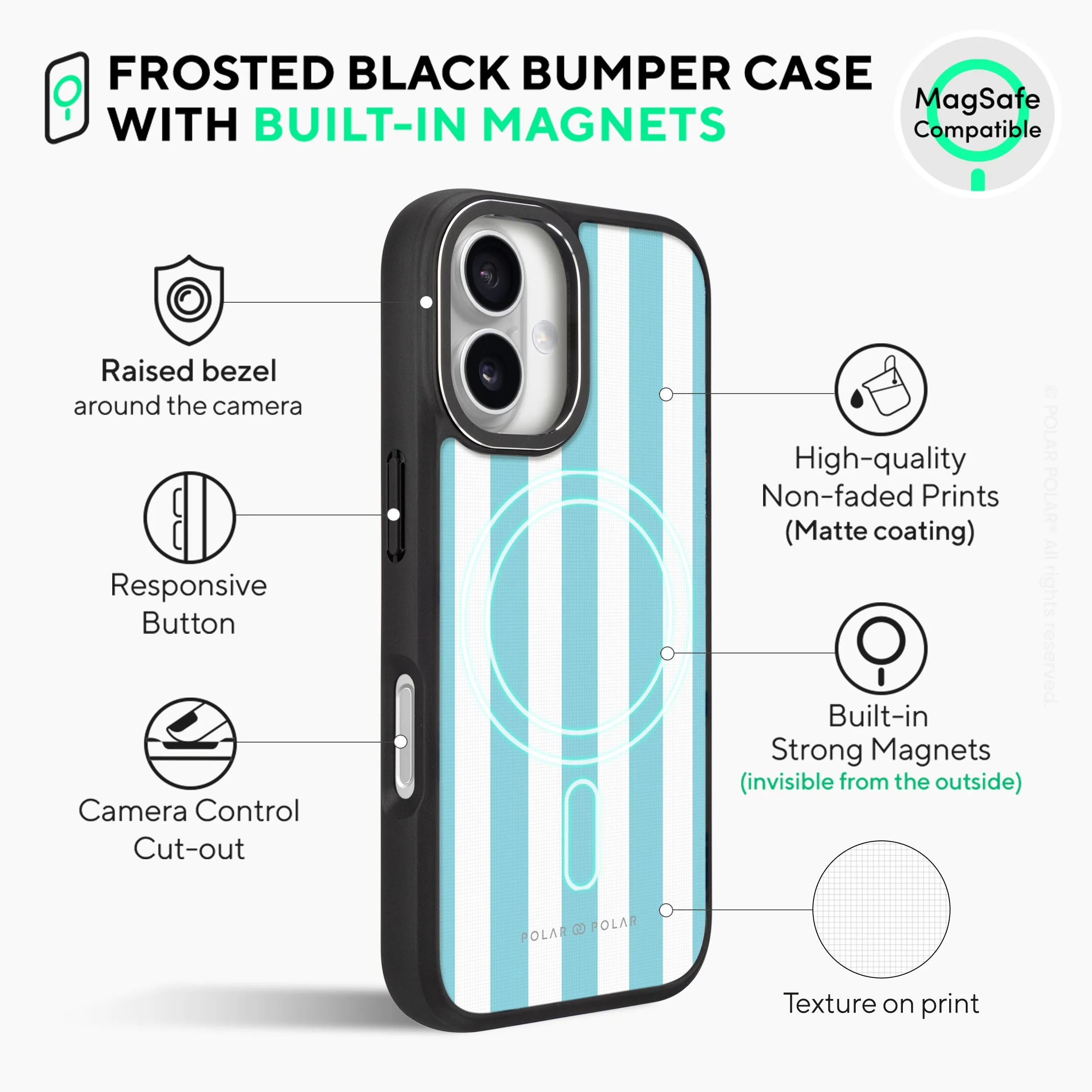 Baby Blue Stripe - iPhone 16 Frosted Black Bumper MagSafe Case
