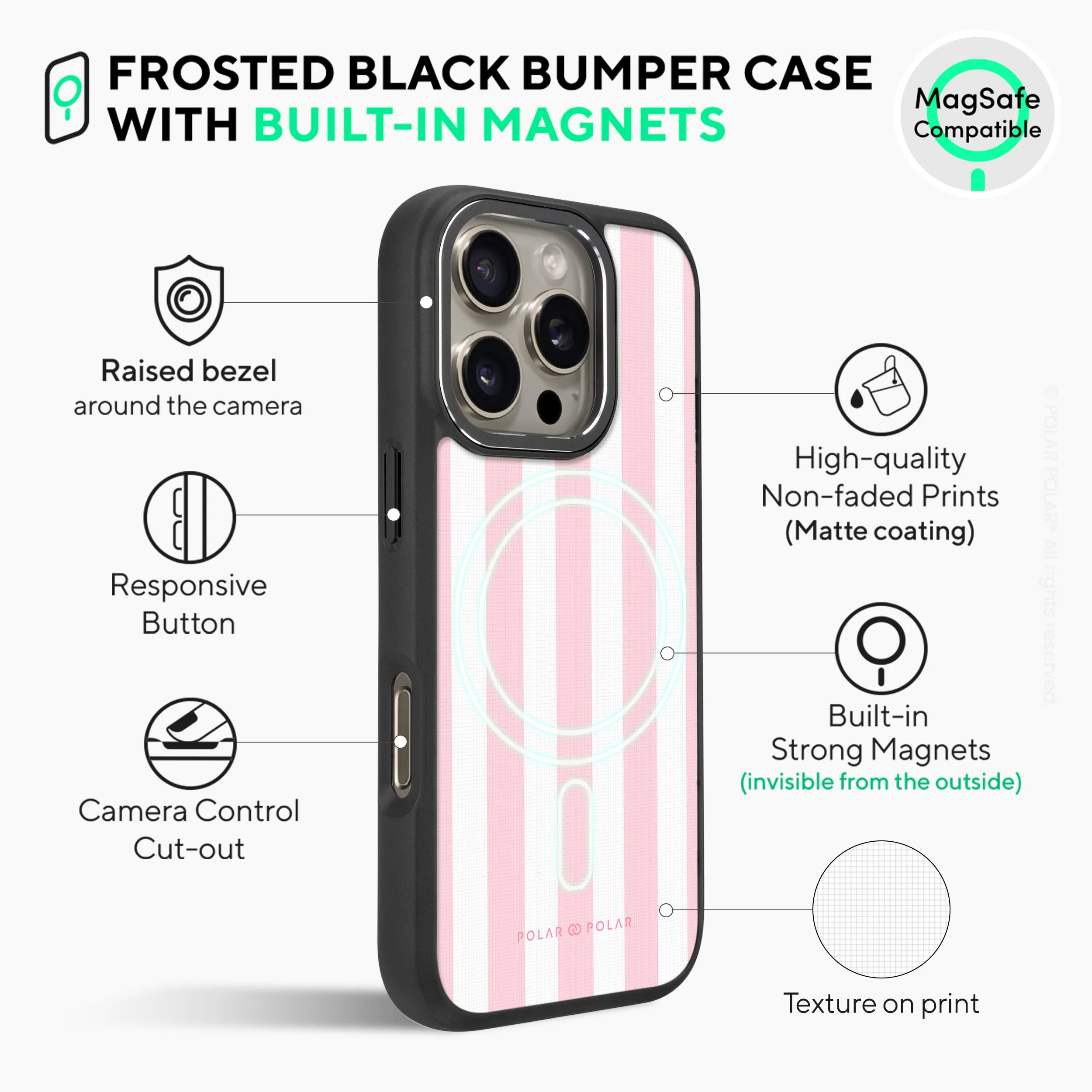 Baby Pink Stripe - iPhone 16 Pro Max Frosted Black Bumper MagSafe Case
