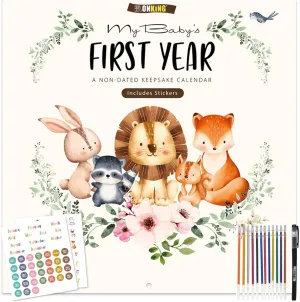 Baby's First Year Calendar with Stickers by Bright Day - 1st Year Tracker - Baby Memory Book for Girls to Document and Cherish Baby First Year Milestones,- Milestone Keepsake for Baby Boy with Pocket