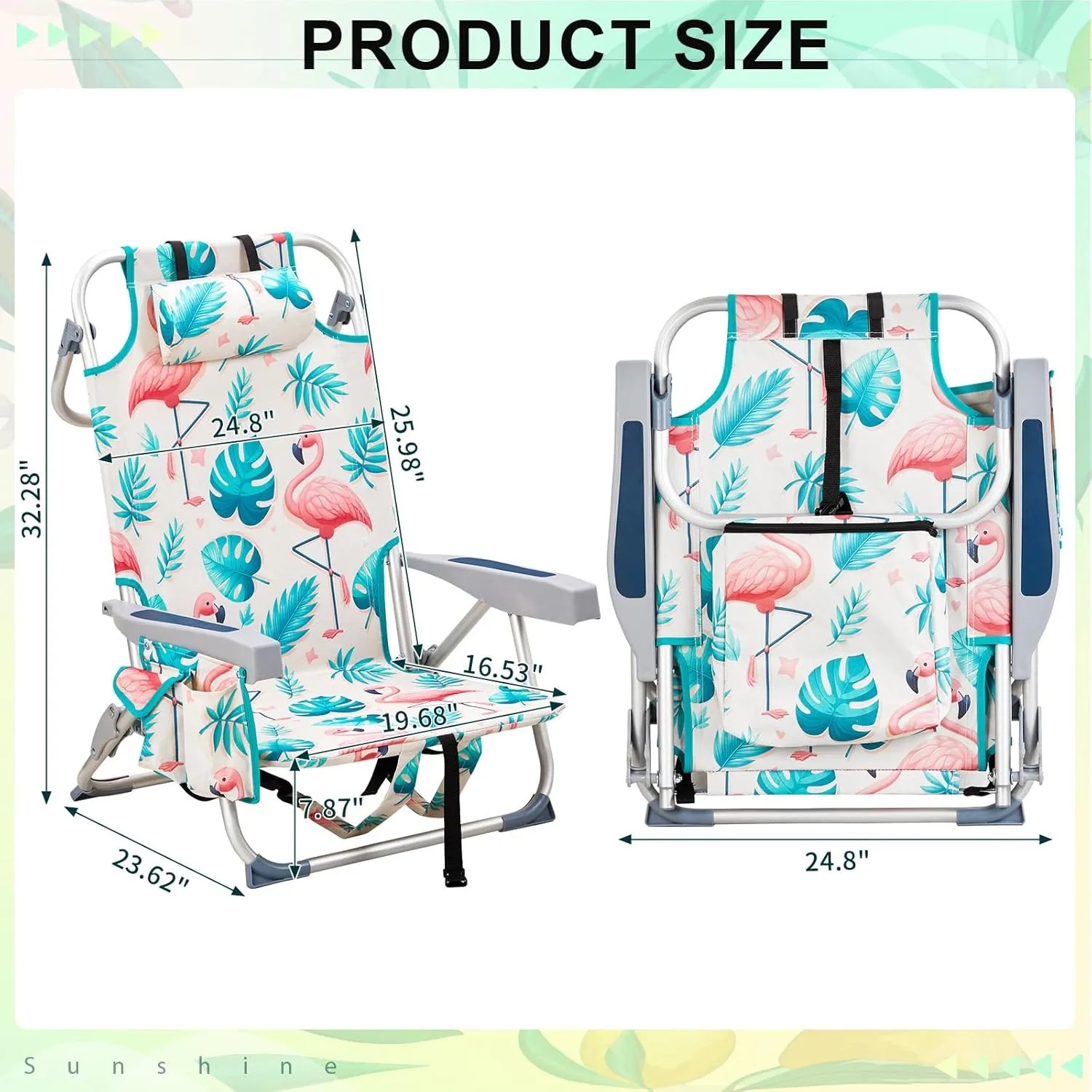 Backpack Beach Chair for Adults, 5 Adjustable Positions, Portable Lightweight Folding Reclining with Storage Pouch, Side Pockets, Shoulder Strap for Outdoor Use (Flamingo Pattern)