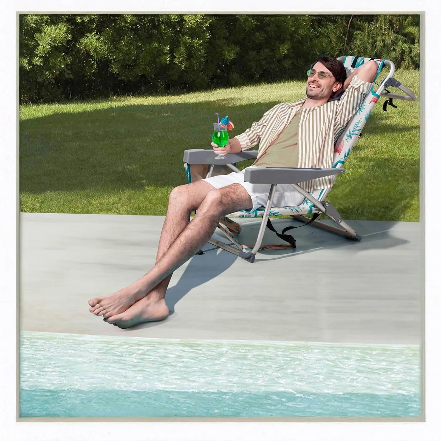 Backpack Beach Chair for Adults, 5 Adjustable Positions, Portable Lightweight Folding Reclining with Storage Pouch, Side Pockets, Shoulder Strap for Outdoor Use (Flamingo Pattern)