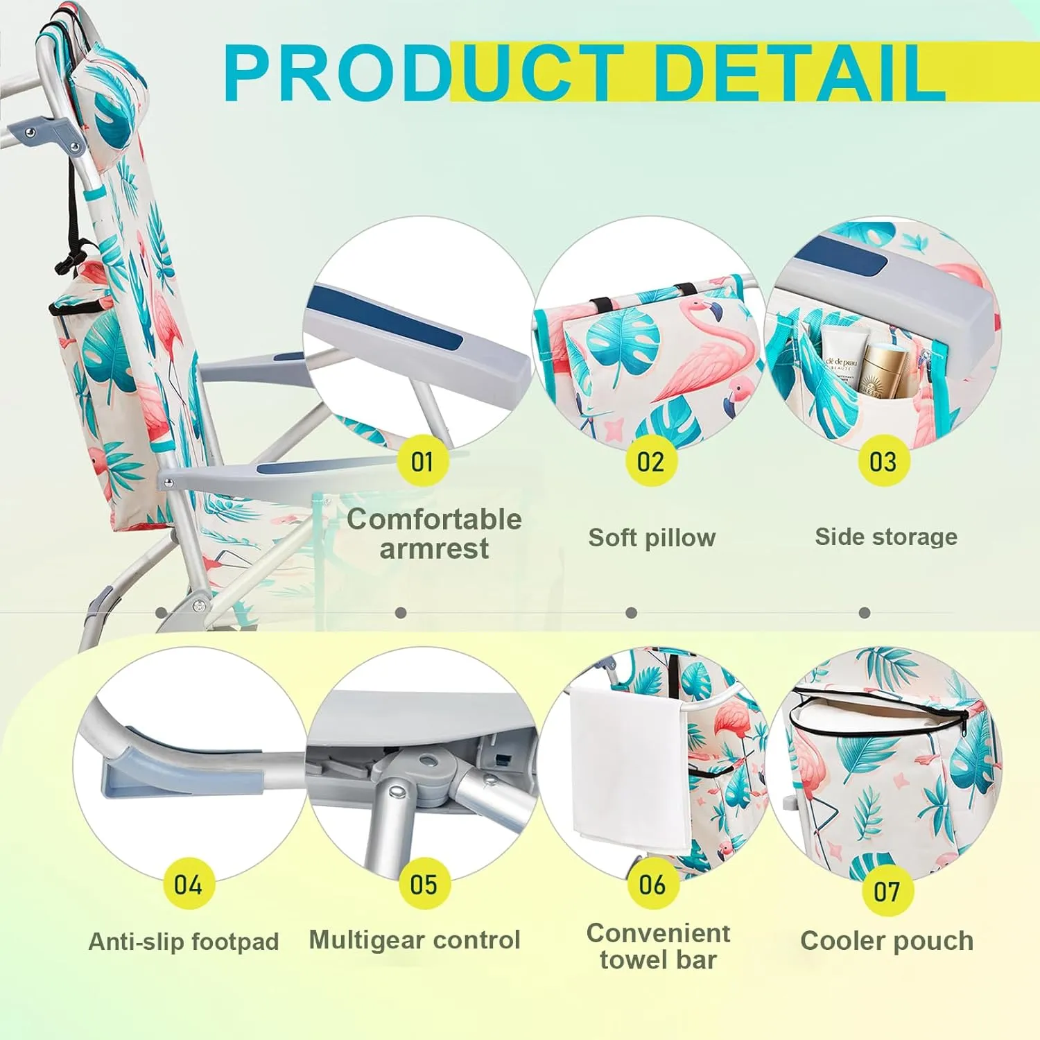 Backpack Beach Chair for Adults, 5 Adjustable Positions, Portable Lightweight Folding Reclining with Storage Pouch, Side Pockets, Shoulder Strap for Outdoor Use (Flamingo Pattern)