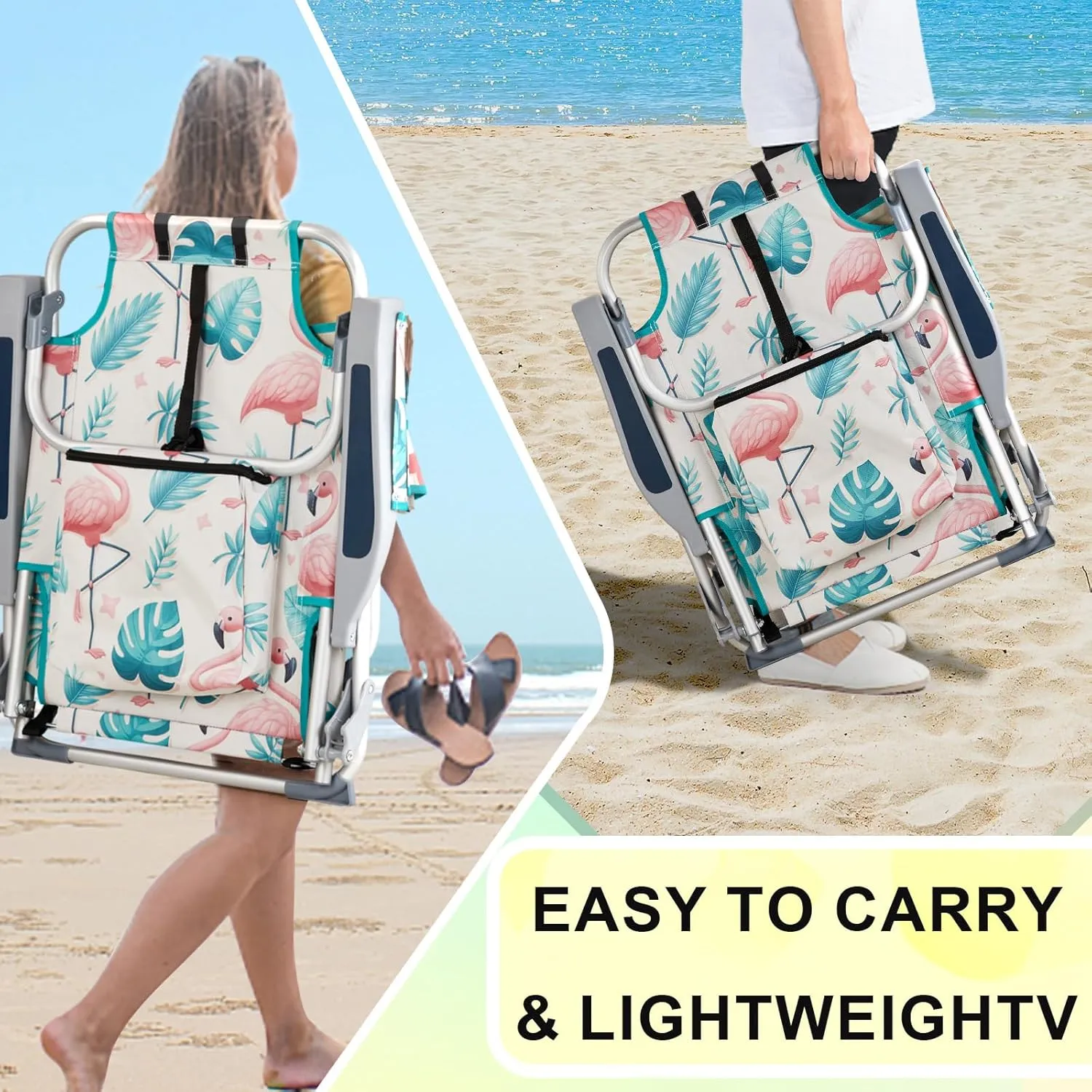 Backpack Beach Chair for Adults, 5 Adjustable Positions, Portable Lightweight Folding Reclining with Storage Pouch, Side Pockets, Shoulder Strap for Outdoor Use (Flamingo Pattern)