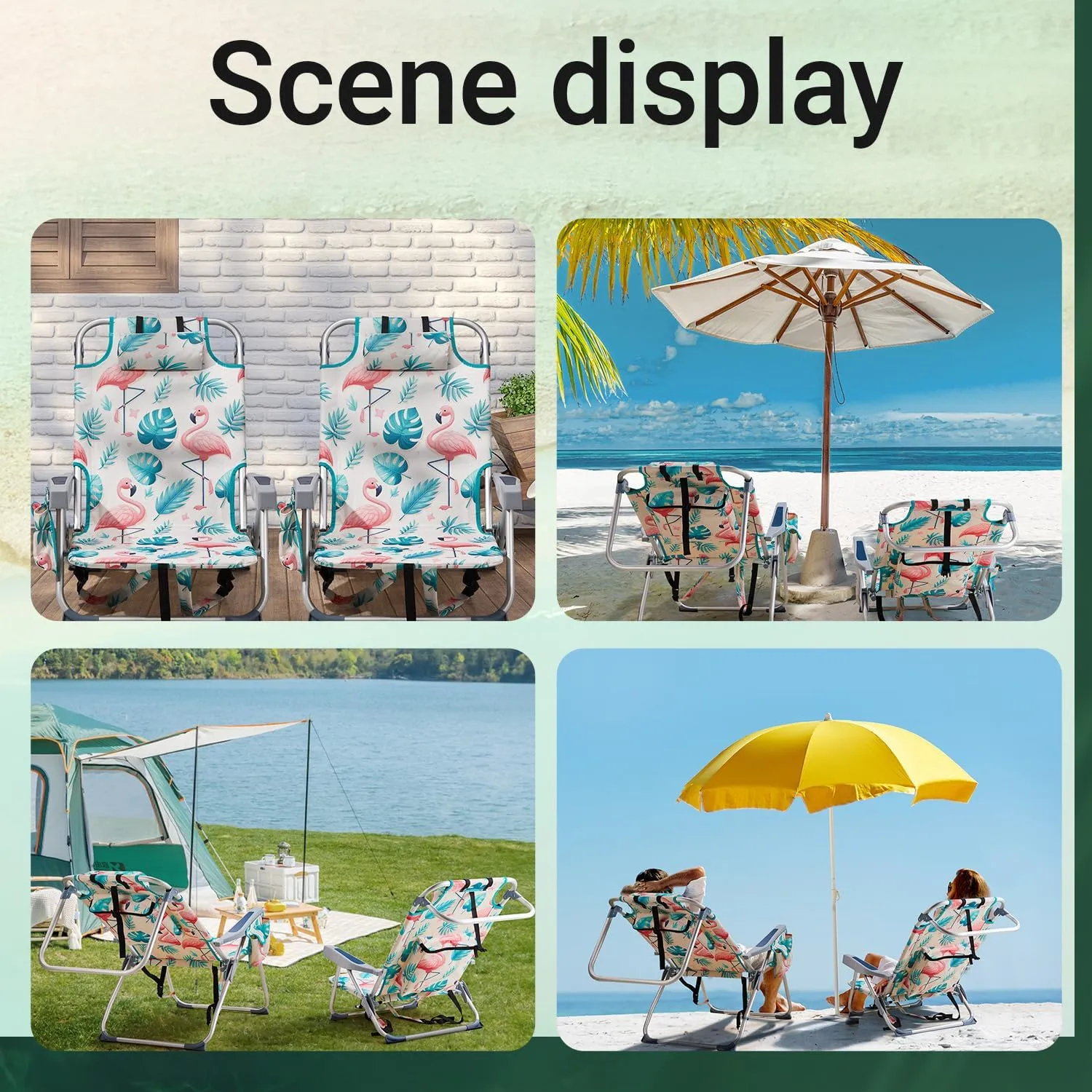 Backpack Beach Chair for Adults, 5 Adjustable Positions, Portable Lightweight Folding Reclining with Storage Pouch, Side Pockets, Shoulder Strap for Outdoor Use (Flamingo Pattern)